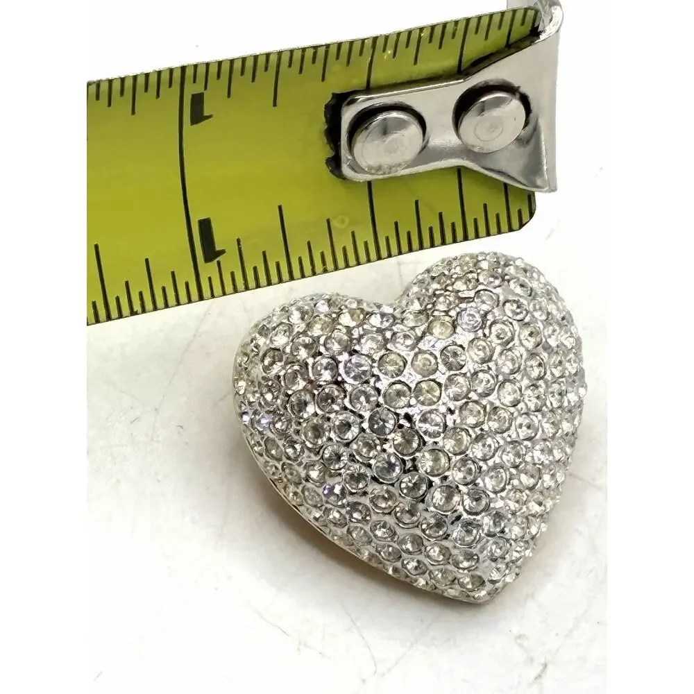 Vintage Pave Rhinestone Puffy Heart Dome Brooch Convertible Pendant Silver Tone